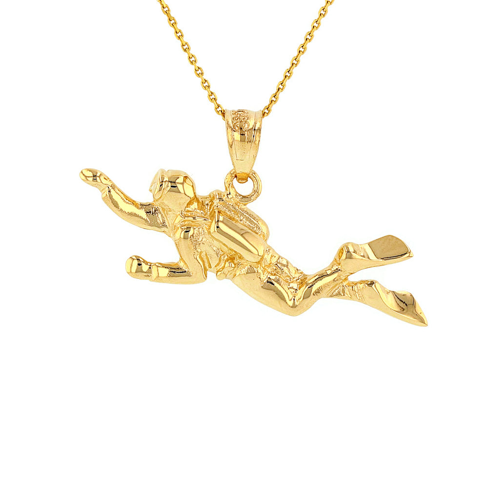 Solid Gold Ocean Scuba Diver Underwater Exploration Pendant Necklace