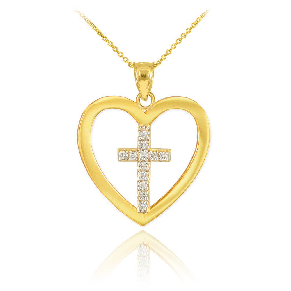 Solid Gold Open Heart Diamond Cross Pendant Necklace
