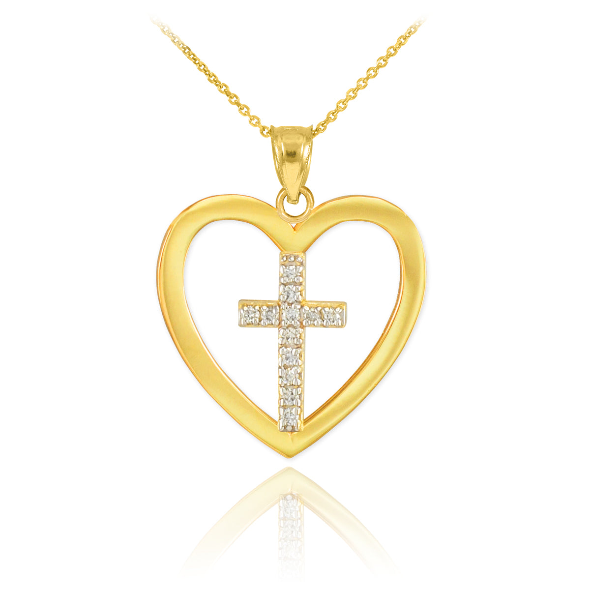 Solid Gold Open Heart Diamond Cross Pendant Necklace