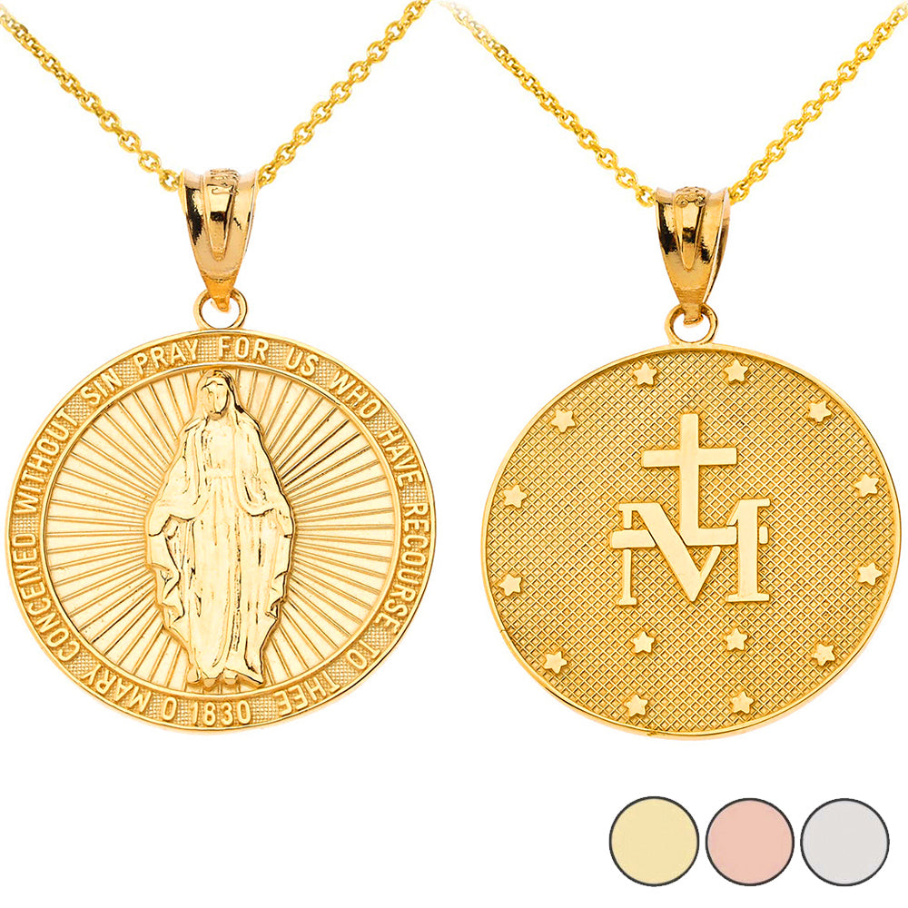 Solid Gold Our Lady of Graces Miraculous Medal Pendant Necklace