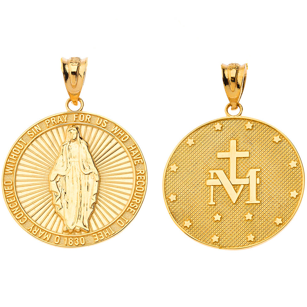 Solid Gold Our Lady of Graces Miraculous Medal Pendant Necklace, view 2