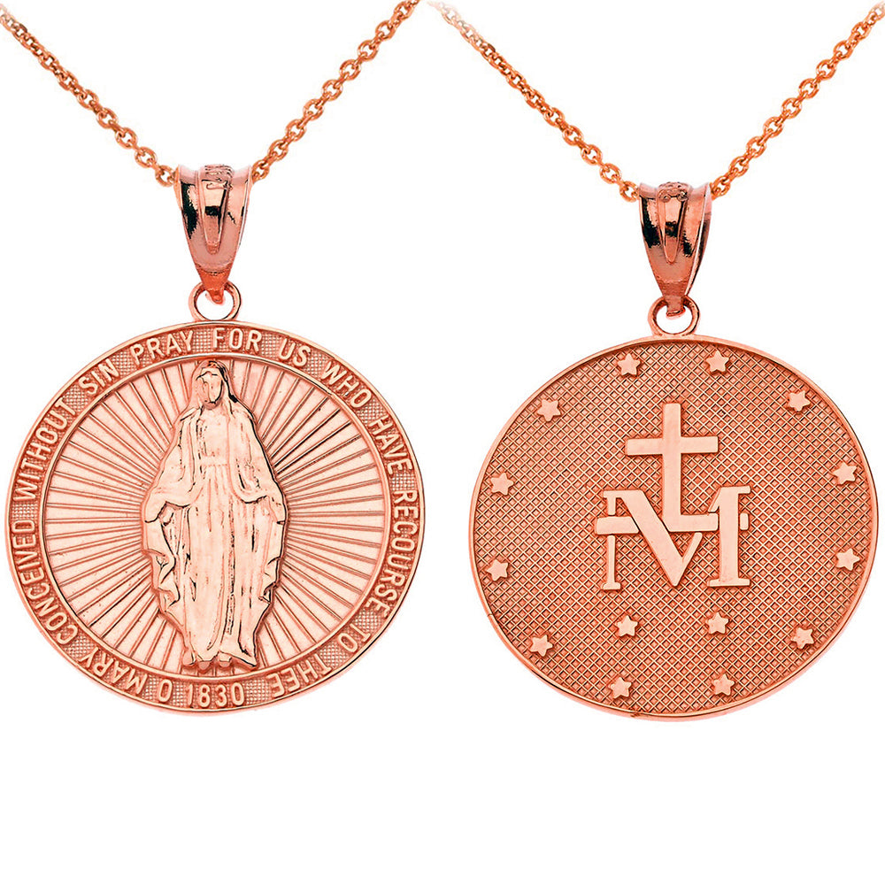 Solid Gold Our Lady of Graces Miraculous Medal Pendant Necklace, view 3