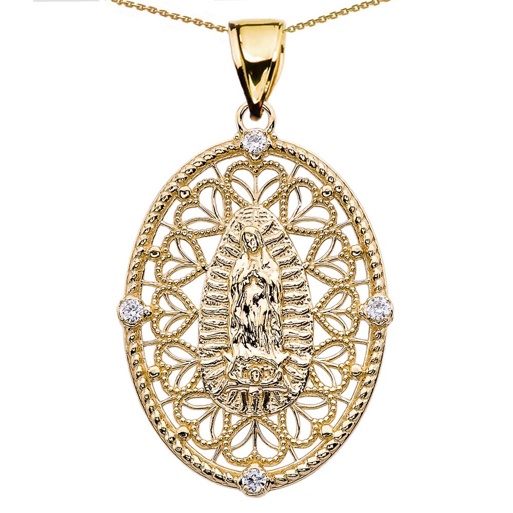 Solid Gold Our Lady of Guadalupe Pendant Necklace With Diamond Side Stones