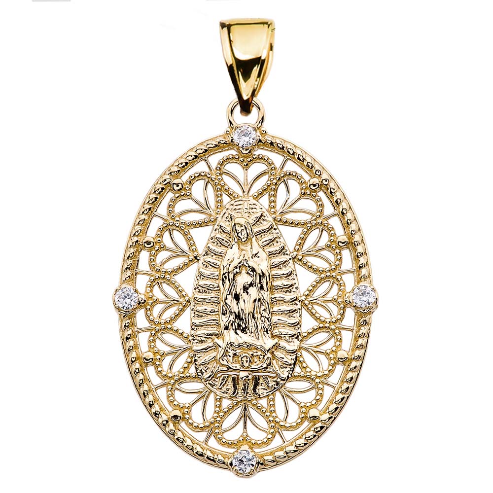 Solid Gold Our Lady of Guadalupe Pendant Necklace With Diamond Side Stones, view 2