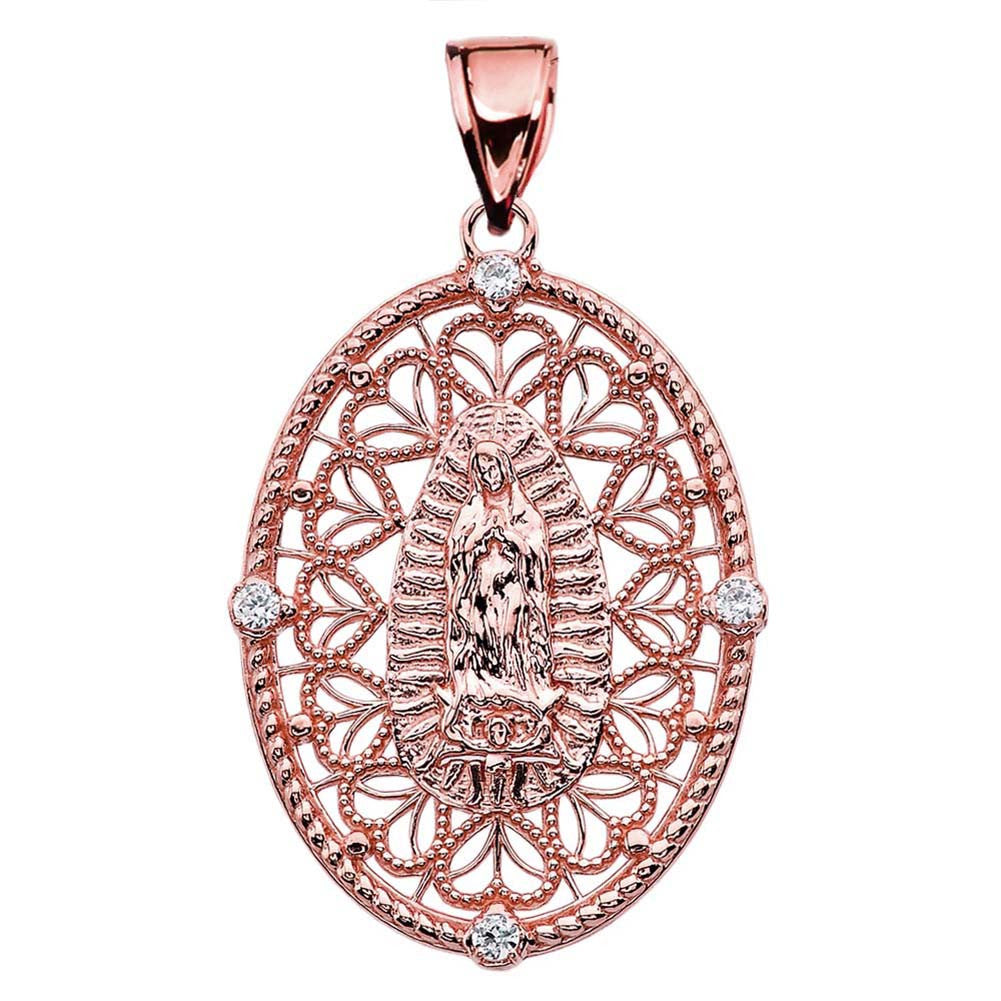 Solid Gold Our Lady of Guadalupe Pendant Necklace With Diamond Side Stones, view 3