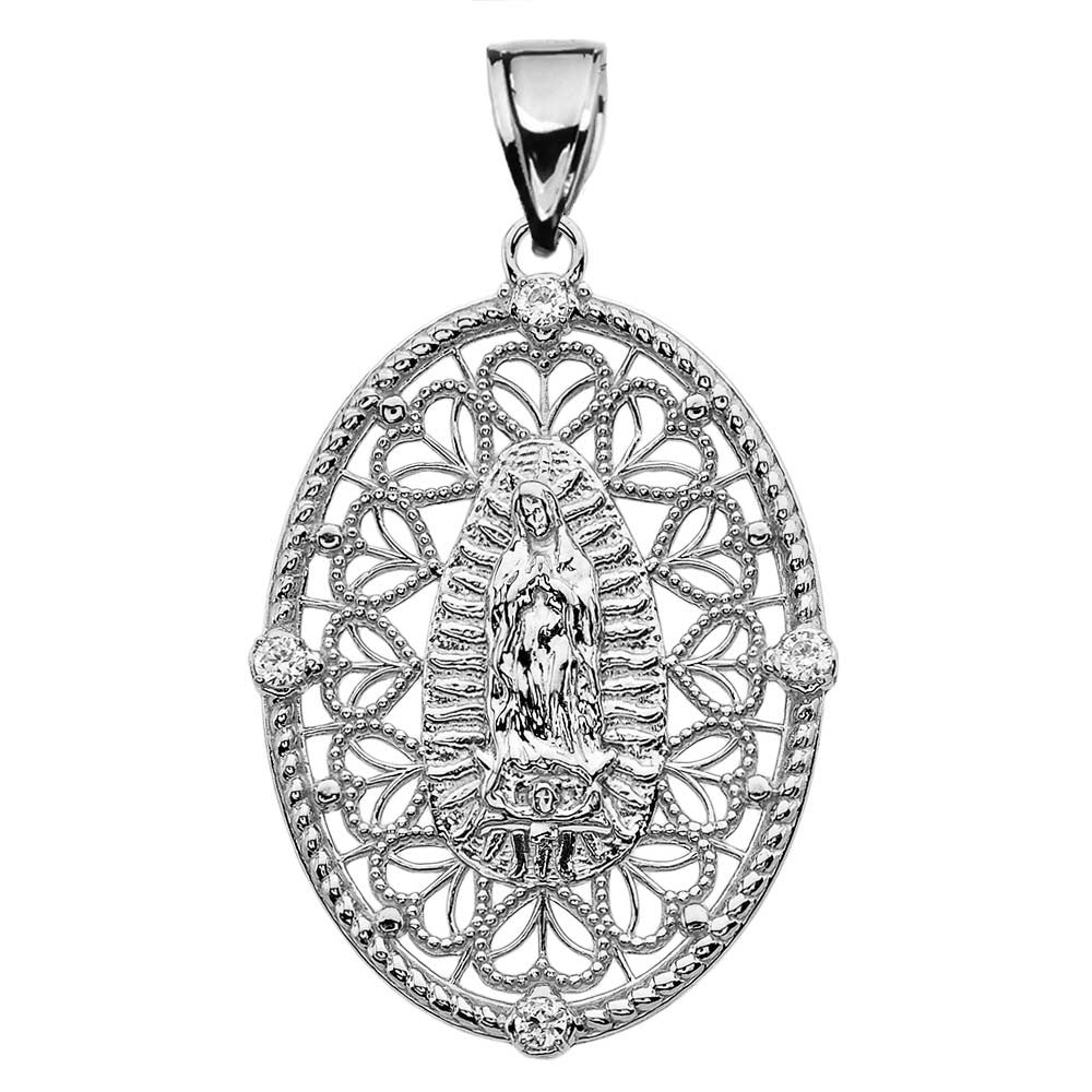 Solid Gold Our Lady of Guadalupe Pendant Necklace With Diamond Side Stones, view 4