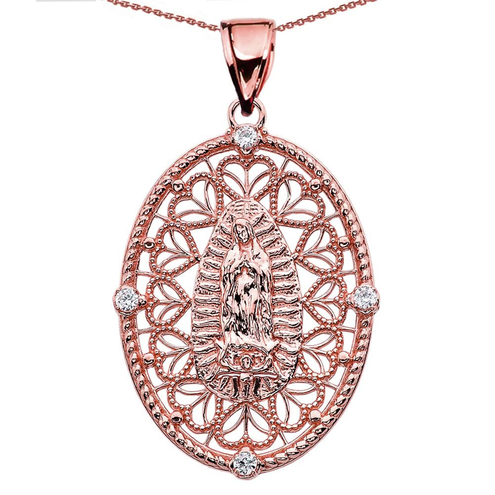 Solid Gold Our Lady of Guadalupe Pendant Necklace With Diamond Side Stones, view 6