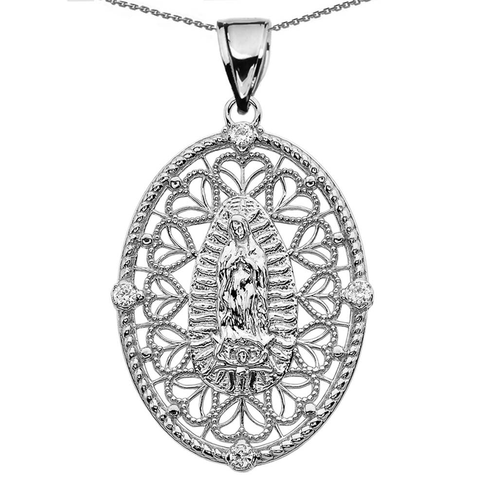 Solid Gold Our Lady of Guadalupe Pendant Necklace With Diamond Side Stones, view 8