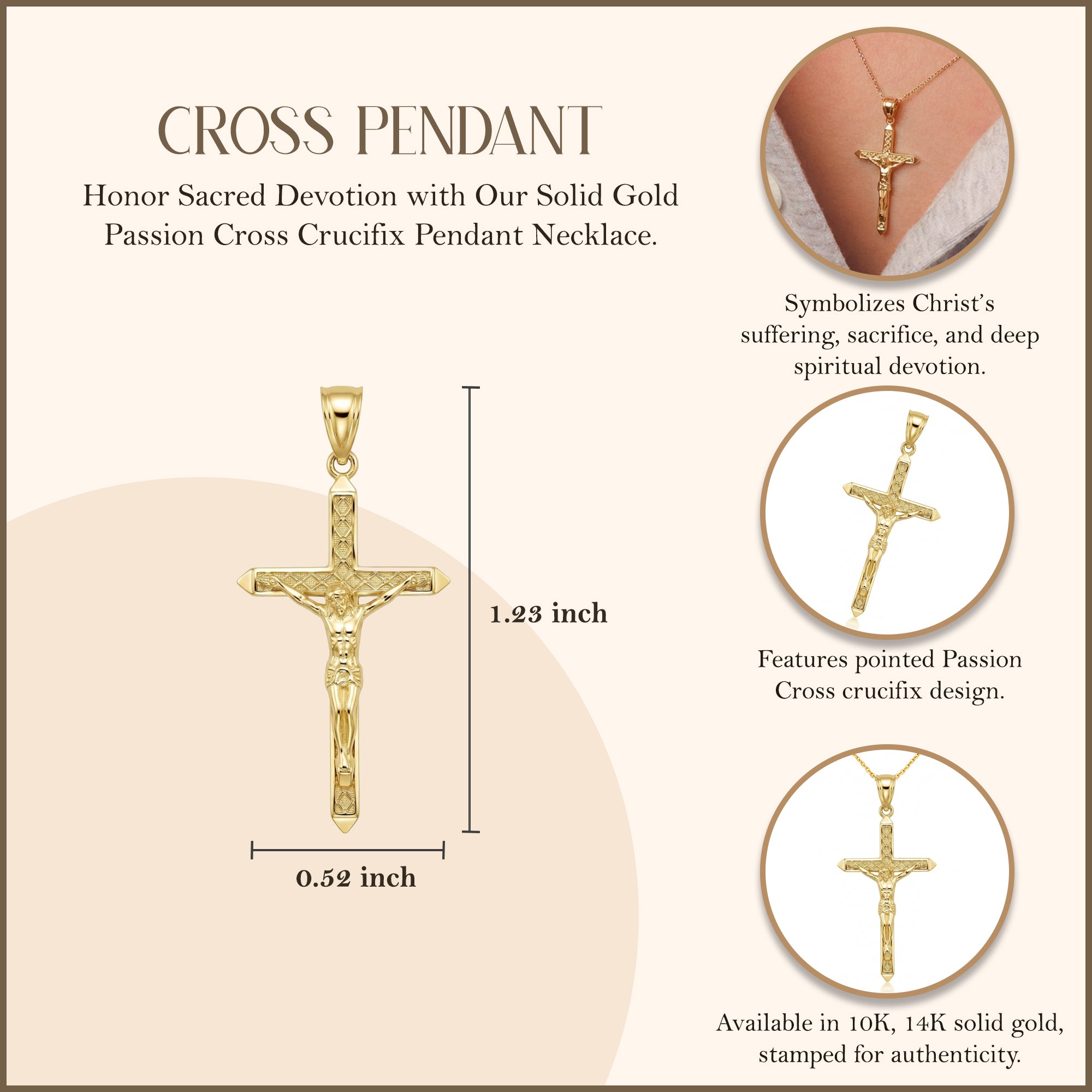 Solid Gold Passion Cross Crucifix Pendant Necklace 1.23" (31 mm), view 4