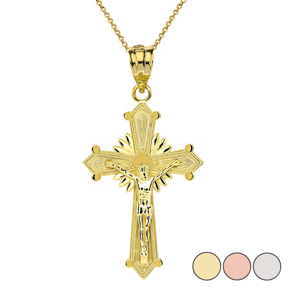 Solid Gold Passion Crucifix with Halo Pendant Necklace