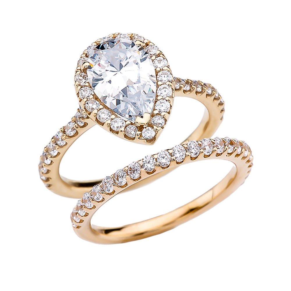 Solid Gold Pear Shape Solitaire Elegant Cubic Zirconia Engagement Wedding Ring Set
