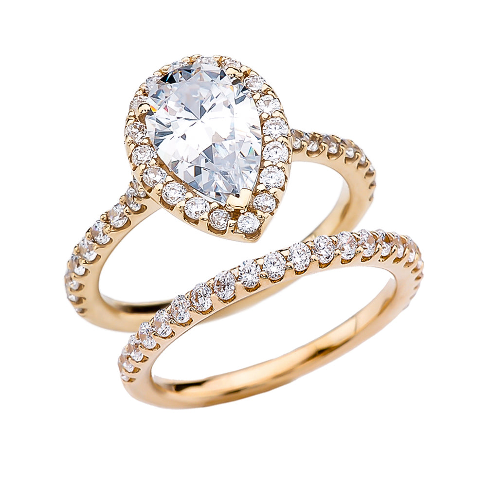 Solid Gold Pear Shape Solitaire Elegant Cubic Zirconia Engagement Wedding Ring Set