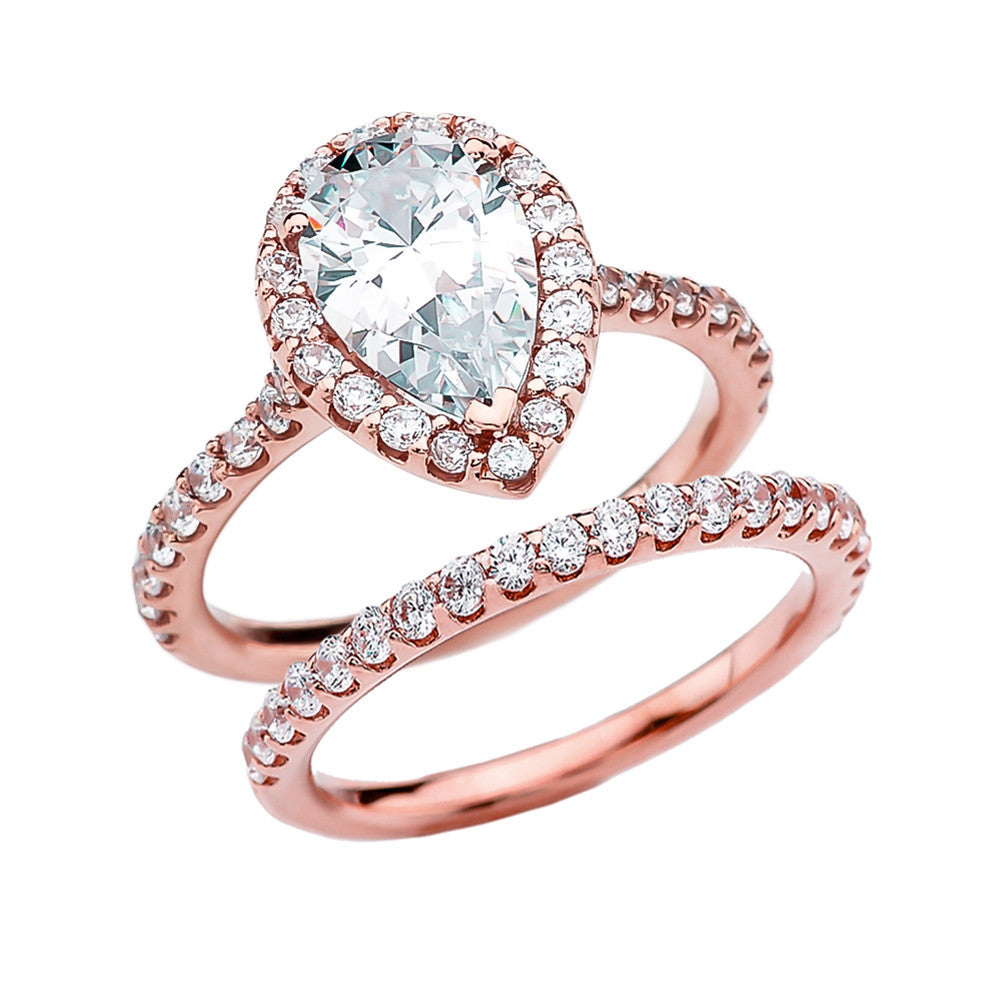 Solid Gold Pear Shape Solitaire Elegant Cubic Zirconia Engagement Wedding Ring Set, view 2