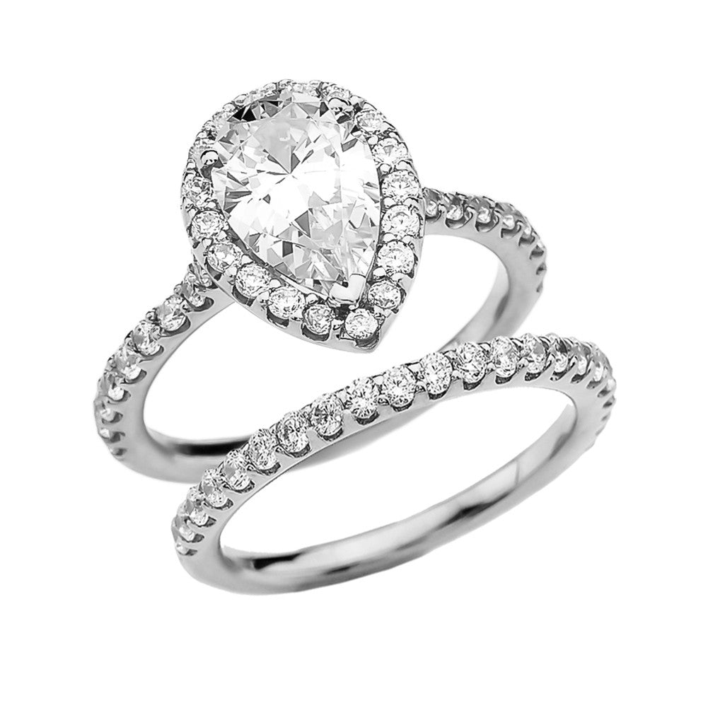 Solid Gold Pear Shape Solitaire Elegant Cubic Zirconia Engagement Wedding Ring Set, view 3