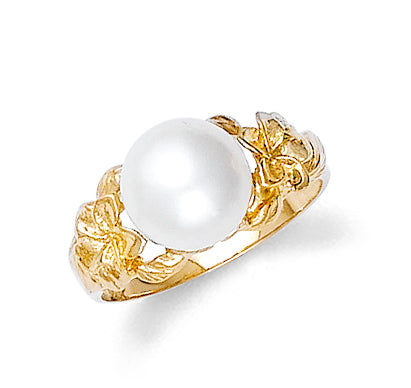 Solid Gold Pearl Gemstone Hawaiian Plumeria Flower Ring