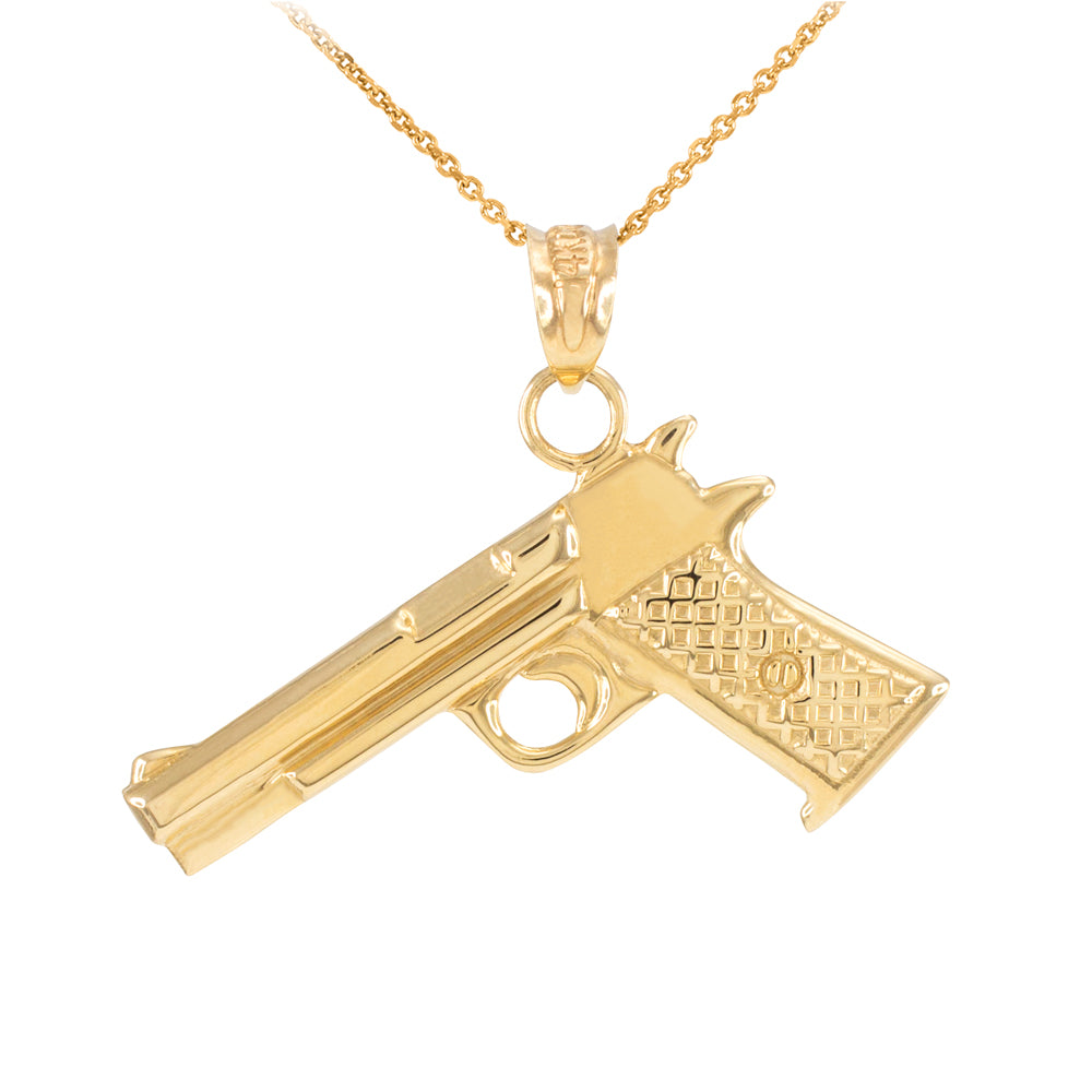 Solid Gold Pistol Gun Pendant Necklace