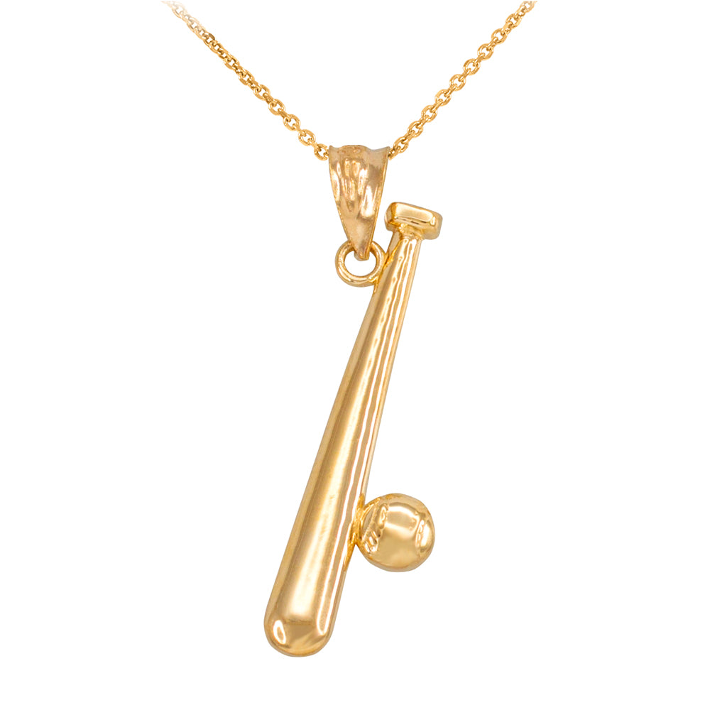 Solid Gold Polished Baseball and Bat Pendant Necklace