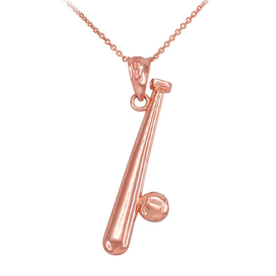 Solid Gold Polished Baseball and Bat Pendant Necklace, view 2