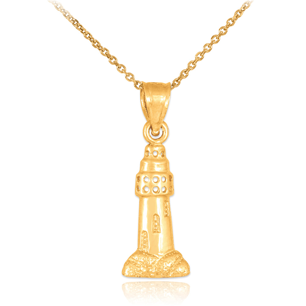 Solid Gold Polished Lighthouse Charm Pendant Necklace