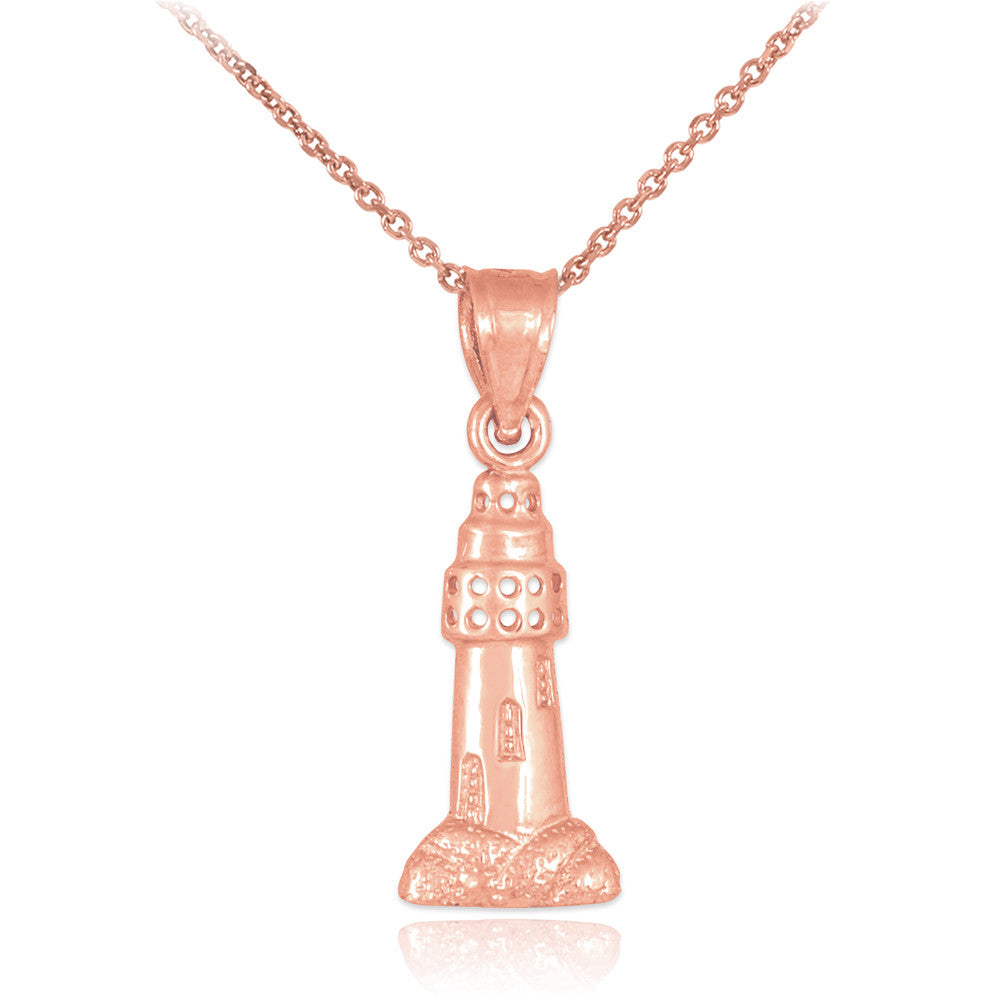 Solid Gold Polished Lighthouse Charm Pendant Necklace, view 2
