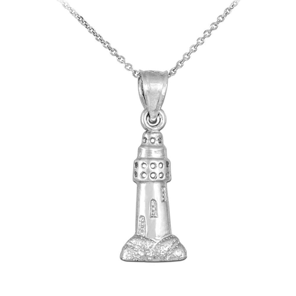 Solid Gold Polished Lighthouse Charm Pendant Necklace, view 3