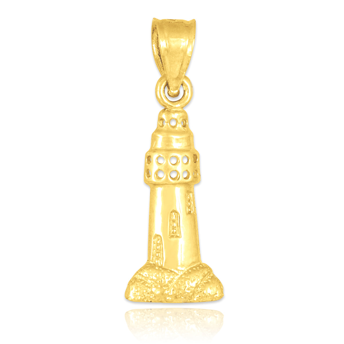 Solid Gold Polished Lighthouse Charm Pendant Necklace, view 4