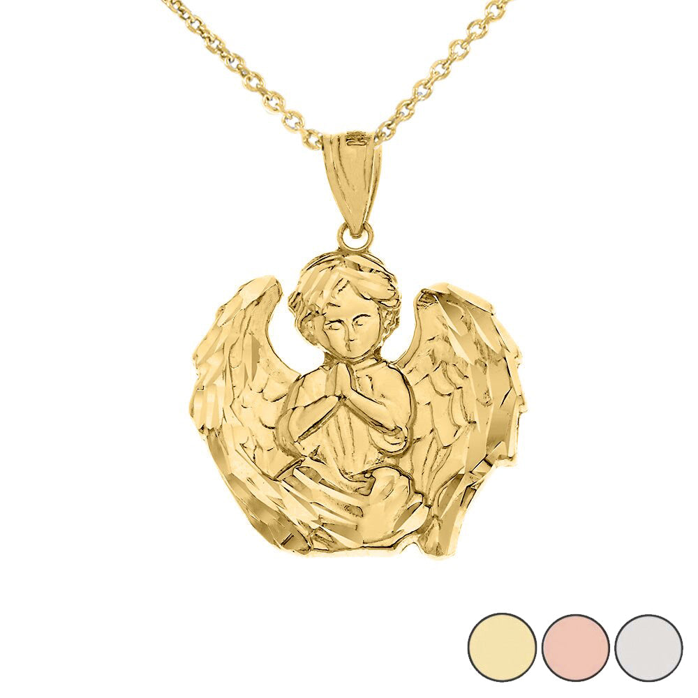 Solid Gold Praying Guardian Angel Pendant Necklace