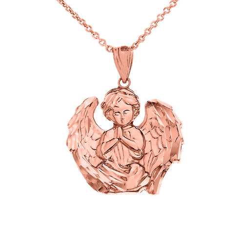 Solid Gold Praying Guardian Angel Pendant Necklace, view 4