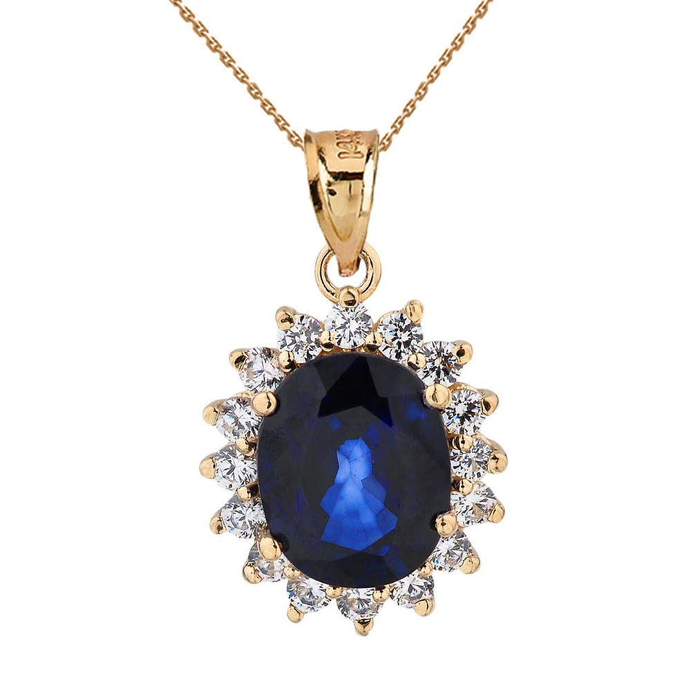 Solid Gold Princess Diana Inspired Halo LC Sapphire & Cubic Zirconia Pendant Necklace