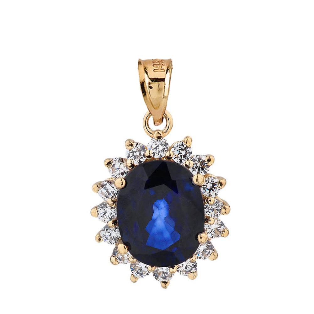 Solid Gold Princess Diana Inspired Halo LC Sapphire & Cubic Zirconia Pendant Necklace, view 2