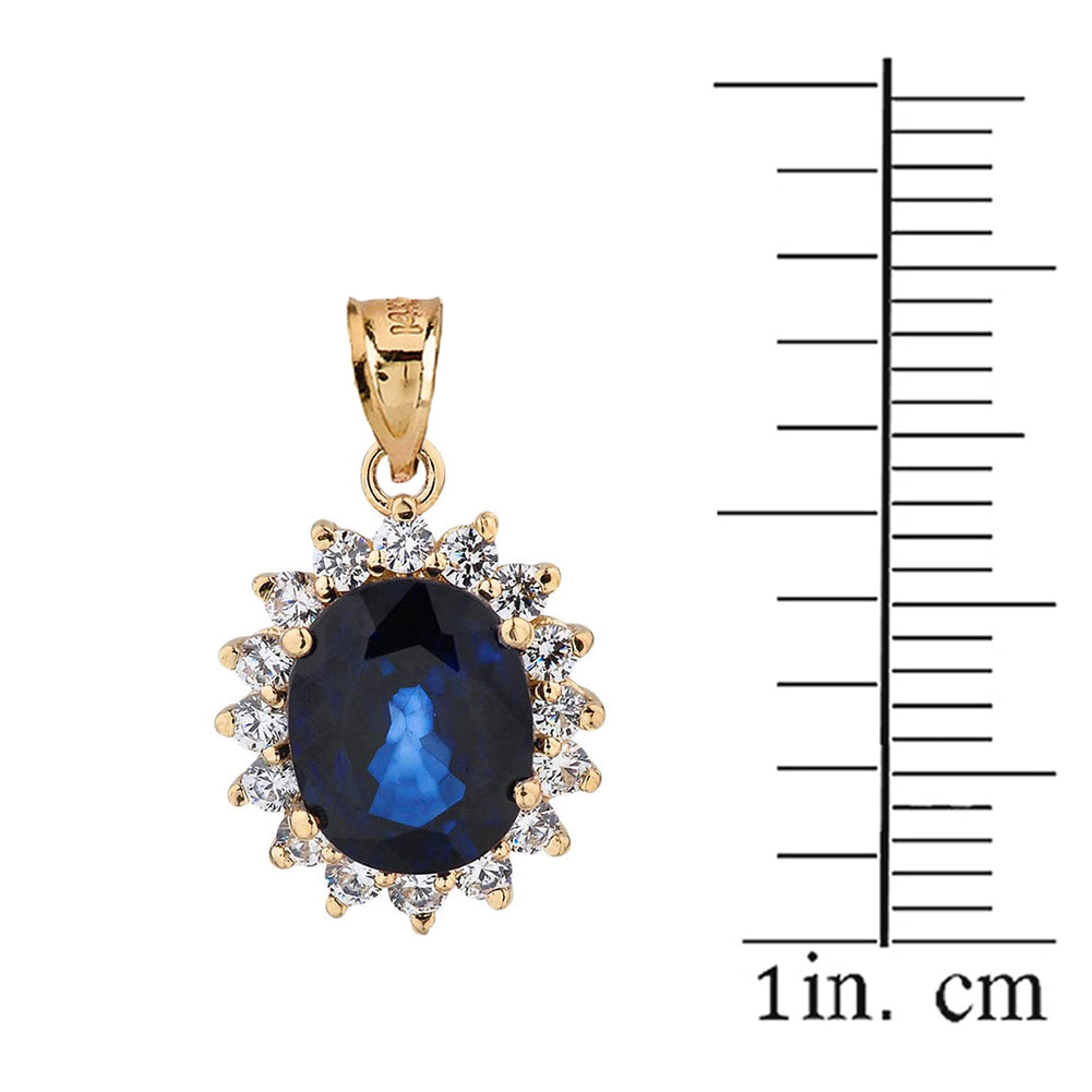 Solid Gold Princess Diana Inspired Halo LC Sapphire & Cubic Zirconia Pendant Necklace, view 3
