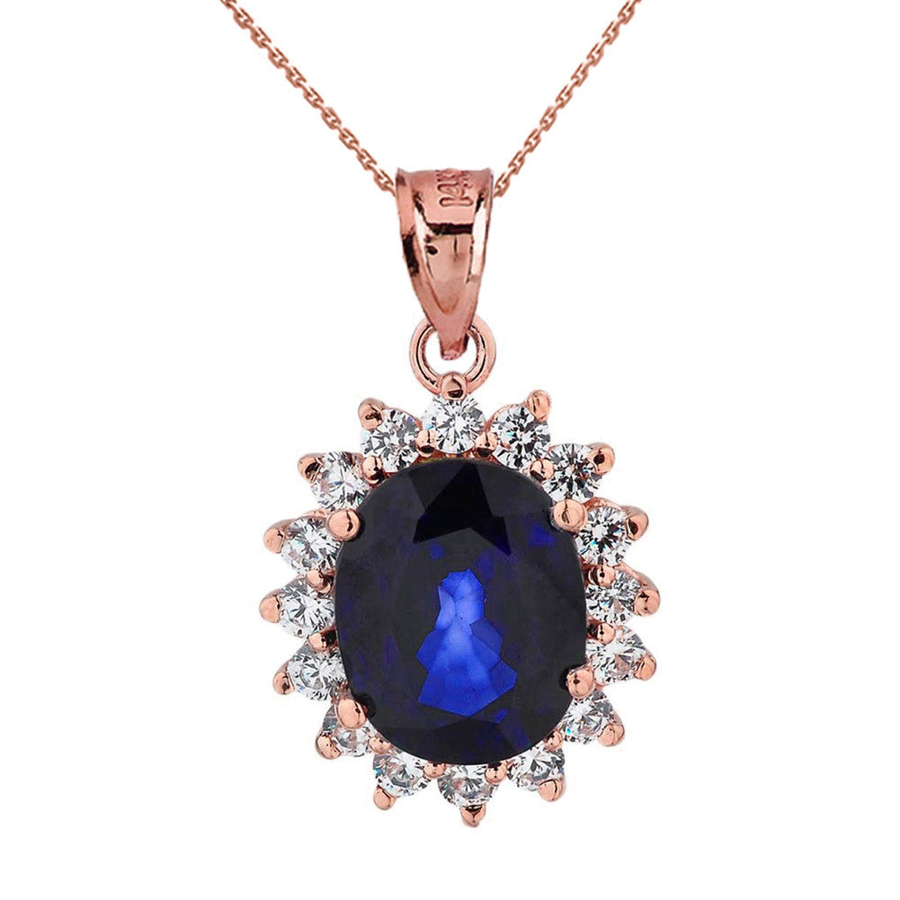 Solid Gold Princess Diana Inspired Halo LC Sapphire & Cubic Zirconia Pendant Necklace, view 4