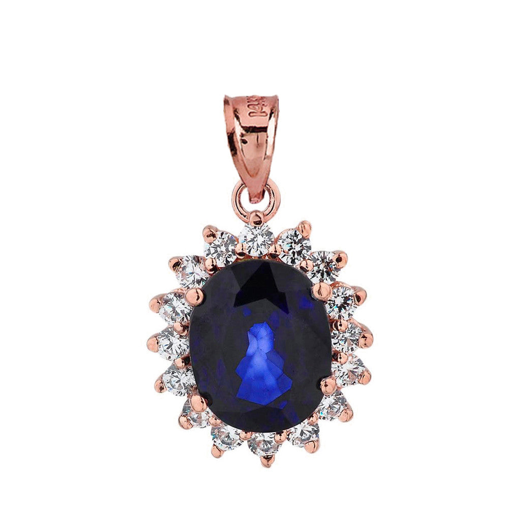 Solid Gold Princess Diana Inspired Halo LC Sapphire & Cubic Zirconia Pendant Necklace, view 5