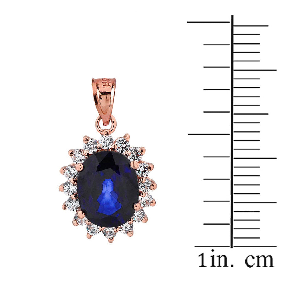 Solid Gold Princess Diana Inspired Halo LC Sapphire & Cubic Zirconia Pendant Necklace, view 6