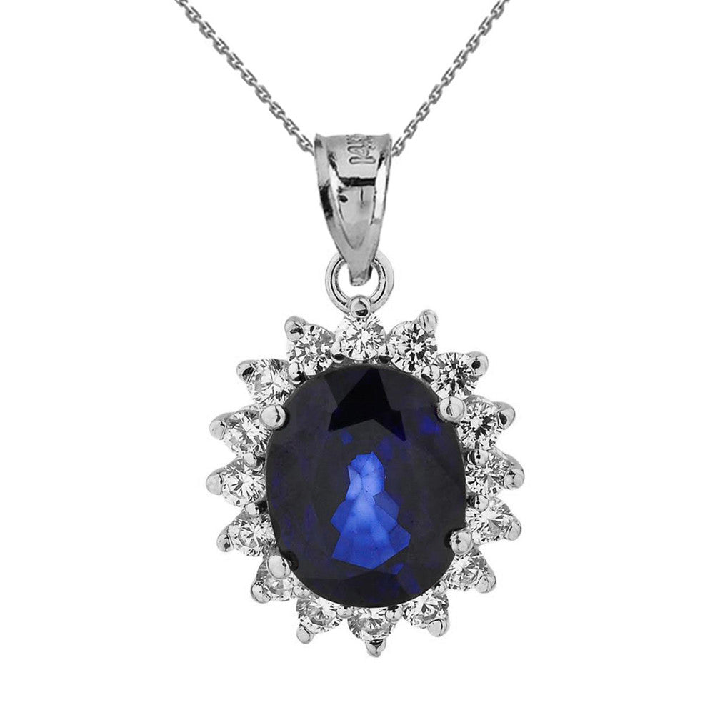 Solid Gold Princess Diana Inspired Halo LC Sapphire & Cubic Zirconia Pendant Necklace, view 7