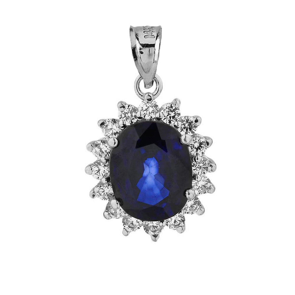Solid Gold Princess Diana Inspired Halo LC Sapphire & Cubic Zirconia Pendant Necklace, view 8