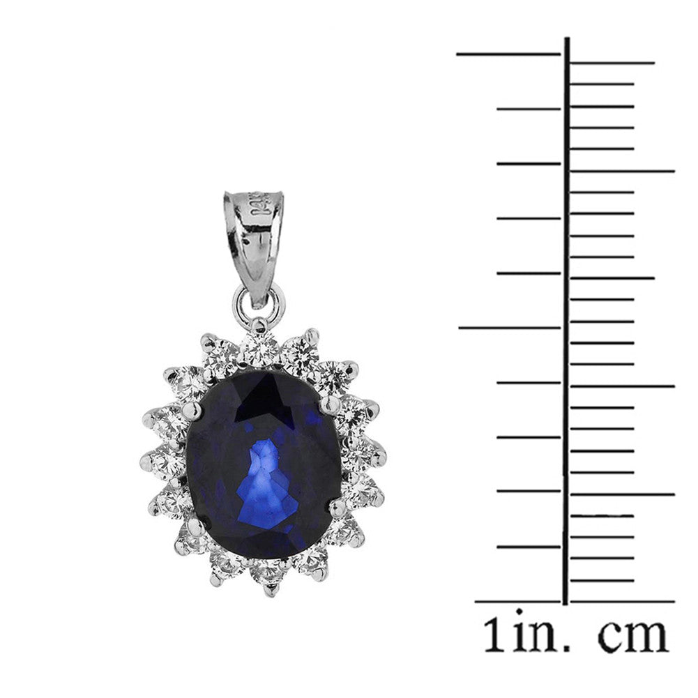 Solid Gold Princess Diana Inspired Halo LC Sapphire & Cubic Zirconia Pendant Necklace, view 9