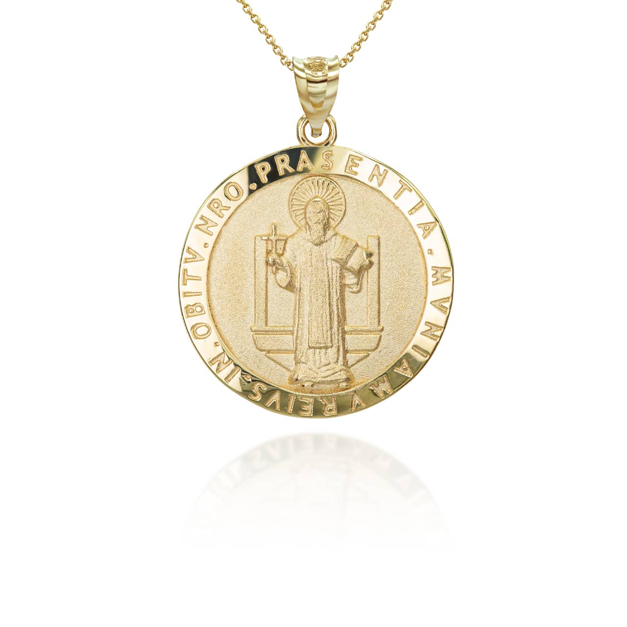 Solid Gold Religious Patron Saint Benedict Medallion Pendant Necklace