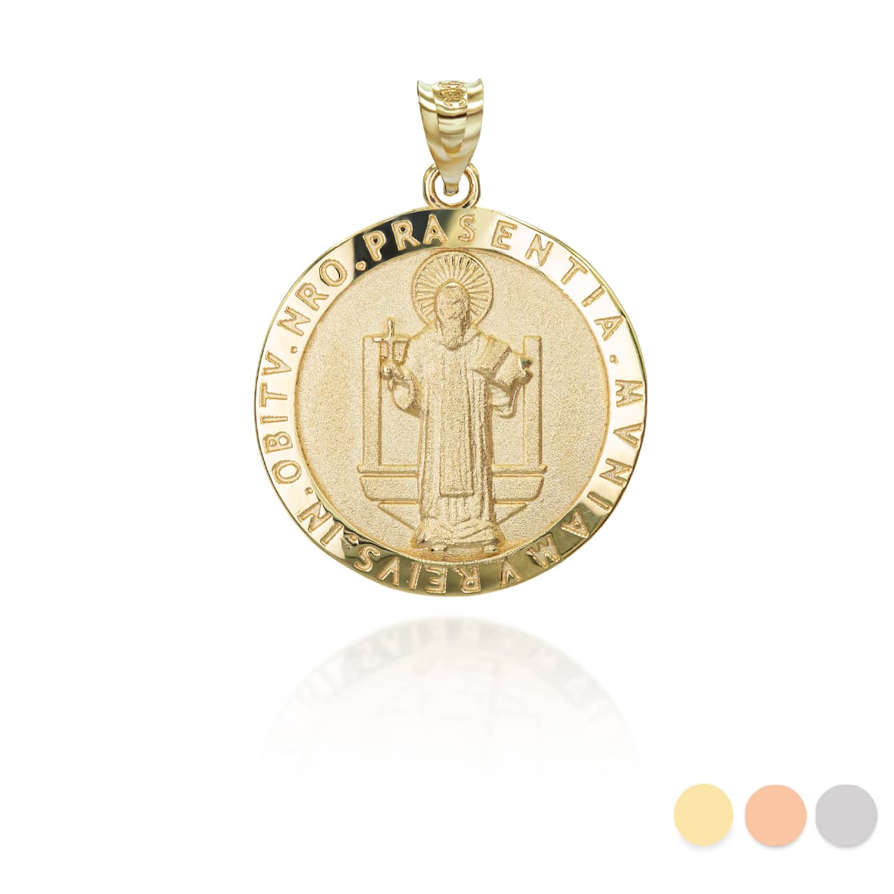 Solid Gold Religious Patron Saint Benedict Medallion Pendant Necklace, view 2