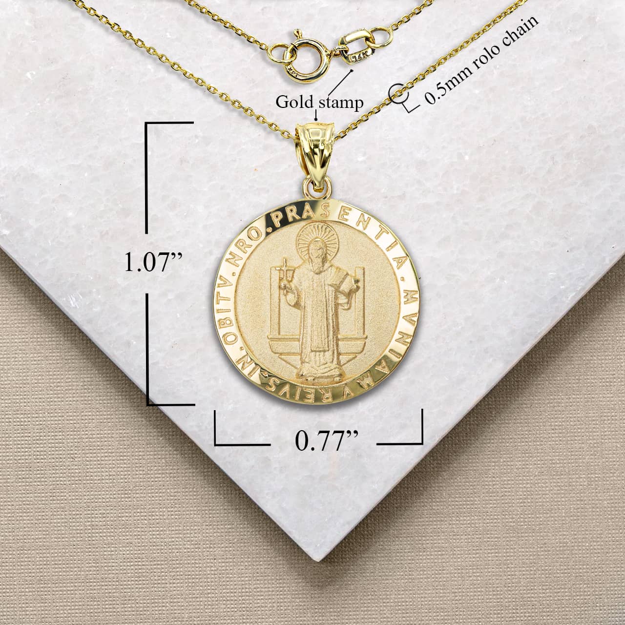 Solid Gold Religious Patron Saint Benedict Medallion Pendant Necklace, view 5