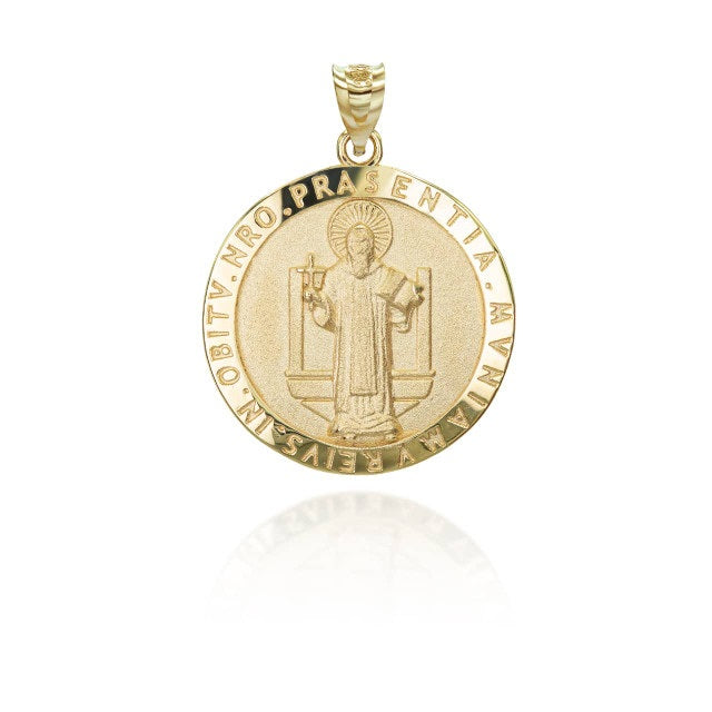 Solid Gold Religious Patron Saint Benedict Medallion Pendant Necklace, view 10