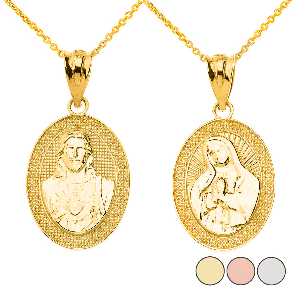 Solid Gold Reversible Virgin Mary and Jesus Christ Oval Pendant Necklace
