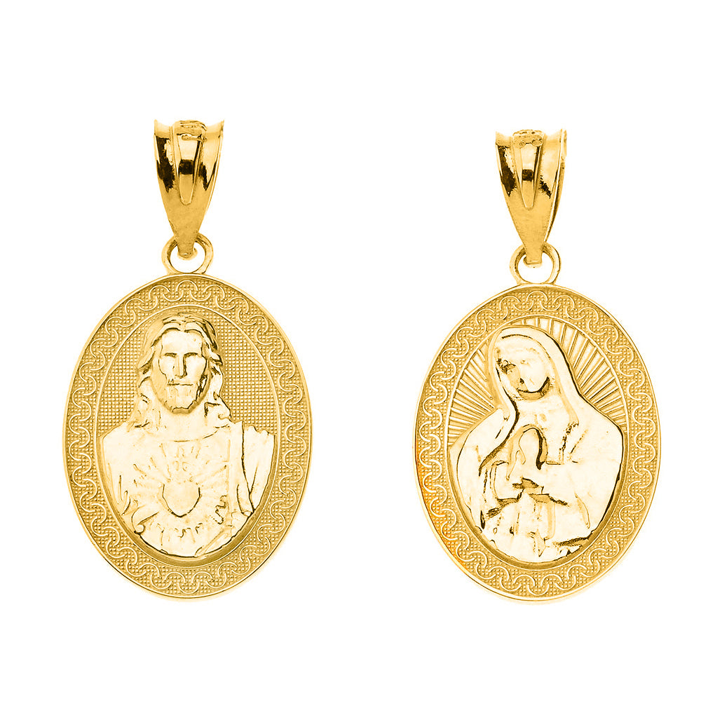 Solid Gold Reversible Virgin Mary and Jesus Christ Oval Pendant Necklace, view 2