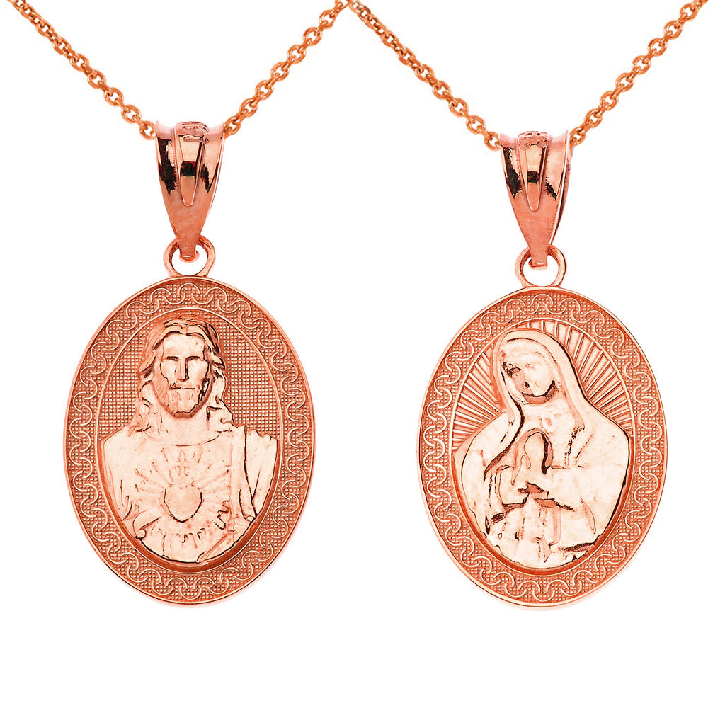 Solid Gold Reversible Virgin Mary and Jesus Christ Oval Pendant Necklace, view 3
