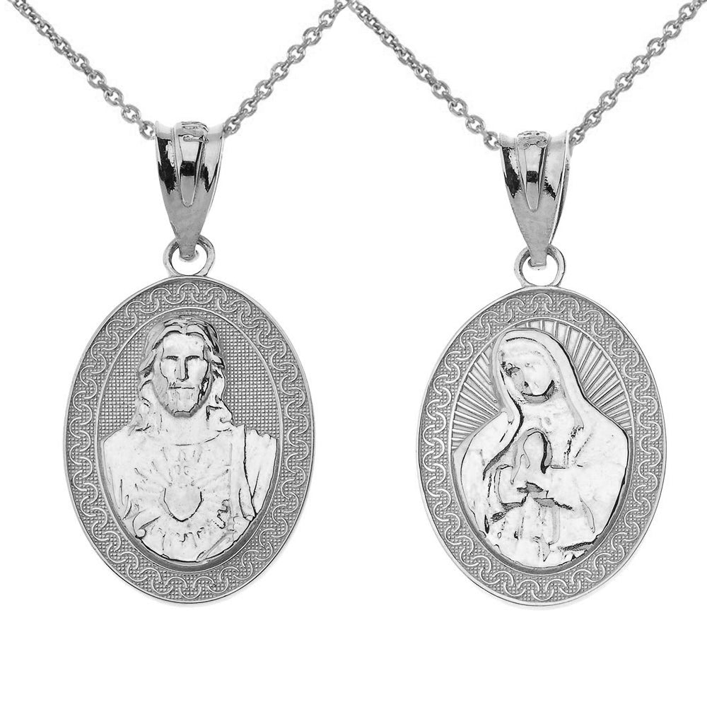 Solid Gold Reversible Virgin Mary and Jesus Christ Oval Pendant Necklace, view 5