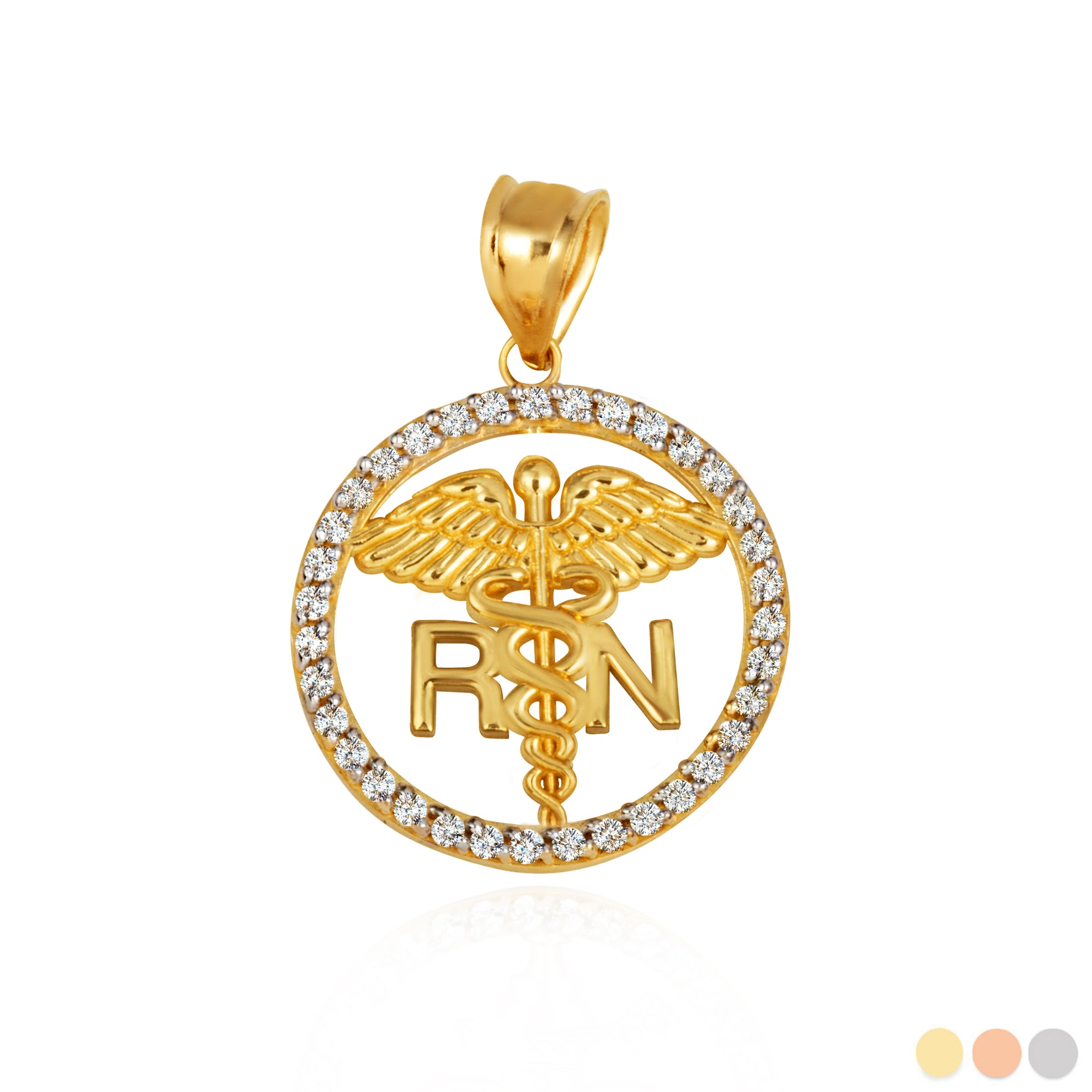 Solid Gold RN Registered Nurse Medical Caduceus Staff Cubic Zirconia Halo Pendant Necklace