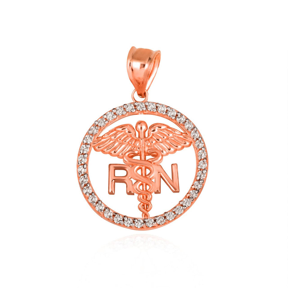 Solid Gold RN Registered Nurse Medical Caduceus Staff Cubic Zirconia Halo Pendant Necklace, view 2