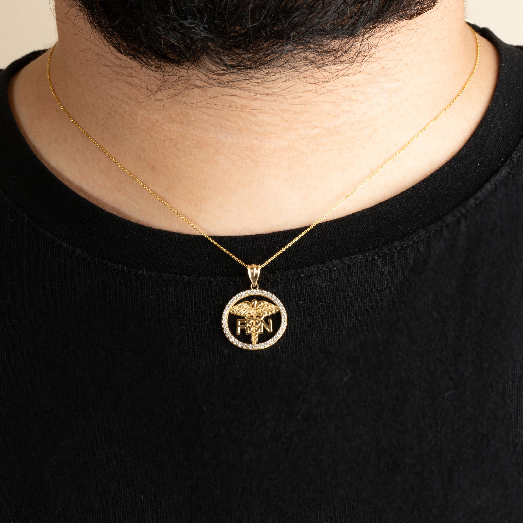 Solid Gold RN Registered Nurse Medical Caduceus Staff Cubic Zirconia Halo Pendant Necklace, view 4