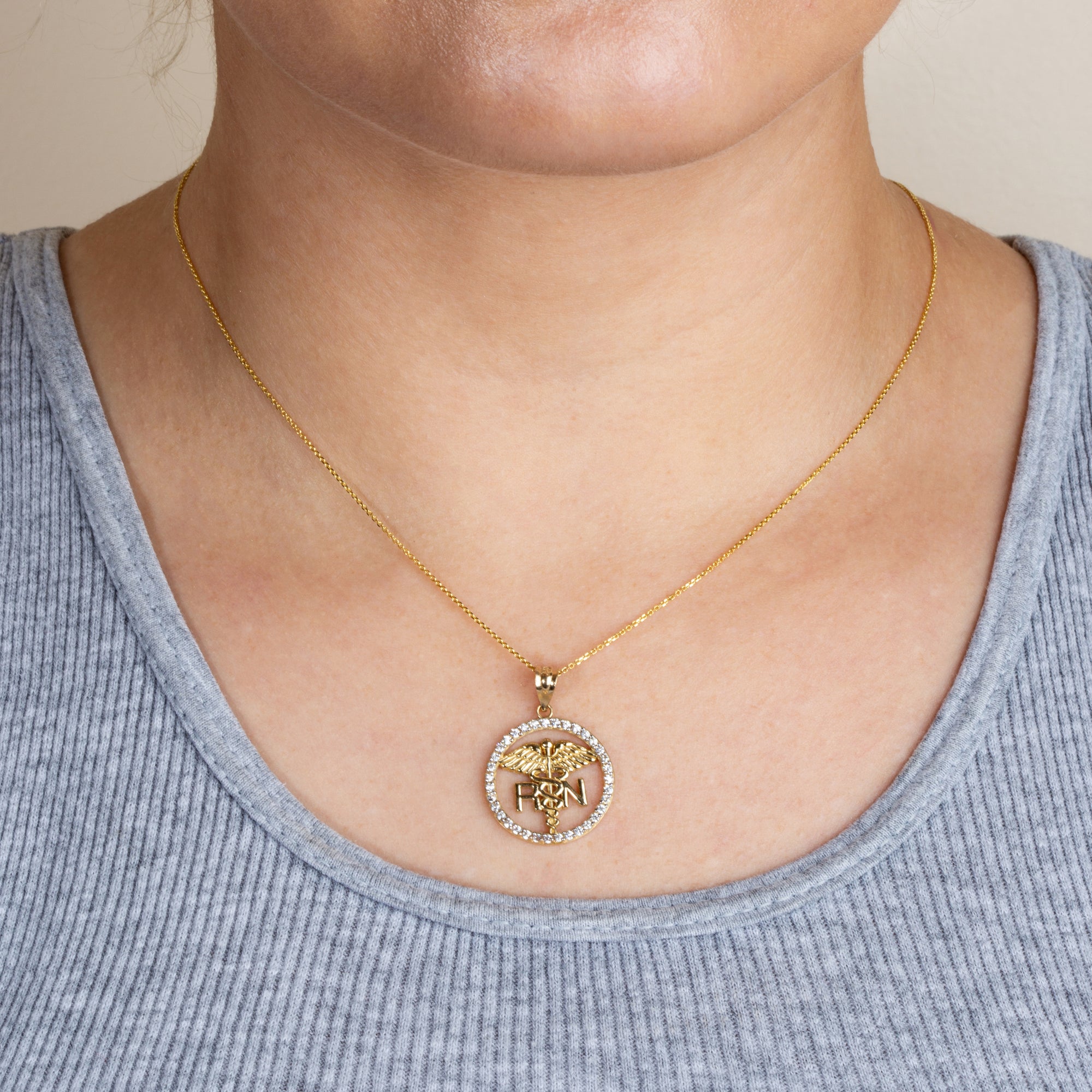 Solid Gold RN Registered Nurse Medical Caduceus Staff Cubic Zirconia Halo Pendant Necklace, view 5