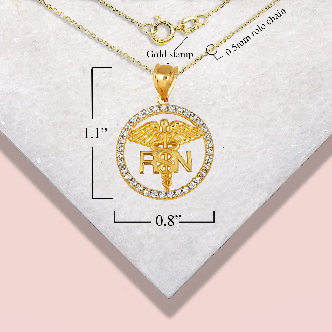 Solid Gold RN Registered Nurse Medical Caduceus Staff Cubic Zirconia Halo Pendant Necklace, view 6